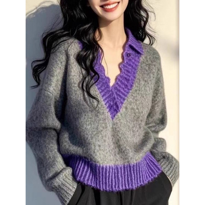 Corea del Sur usa suéter de cachemira de color contrastante para mujeres otoño e invierno engrosado diseño de viento perezoso sensación de cuello de tendencia personalidad jersey