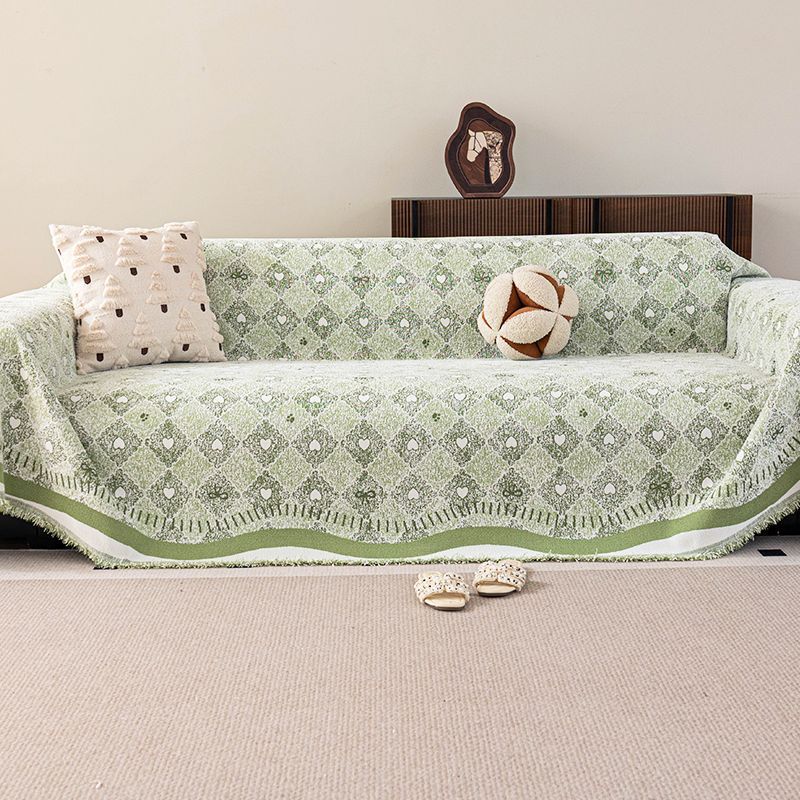 Sofa Cover Green Geometric Pattern With Tassel Edge, All Seasons_voghion.com