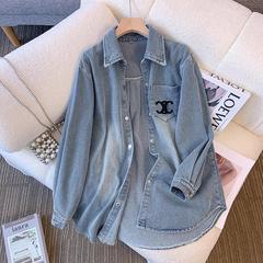レトロ刺繍デニムシャツジャケット女性のための春 2025 新しい韓国スタイルルーズミッドレングススリムジャケットトップ
