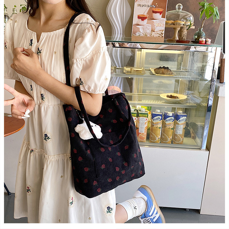 375g Weight Polyester Lining Material Magnetic Buckle Closure Type Double Shoulder Straps Strap Type Bucket Bag Bags Type Holiday, Daily Occasion Corduroy Material Strawberry Pattern Spring&Summer Season Women's Gender Cute Style Square Shape Medium Size Women's Medium Corduroy Strawberry Cute Square Magnetic Buckle Bucket Bag 13