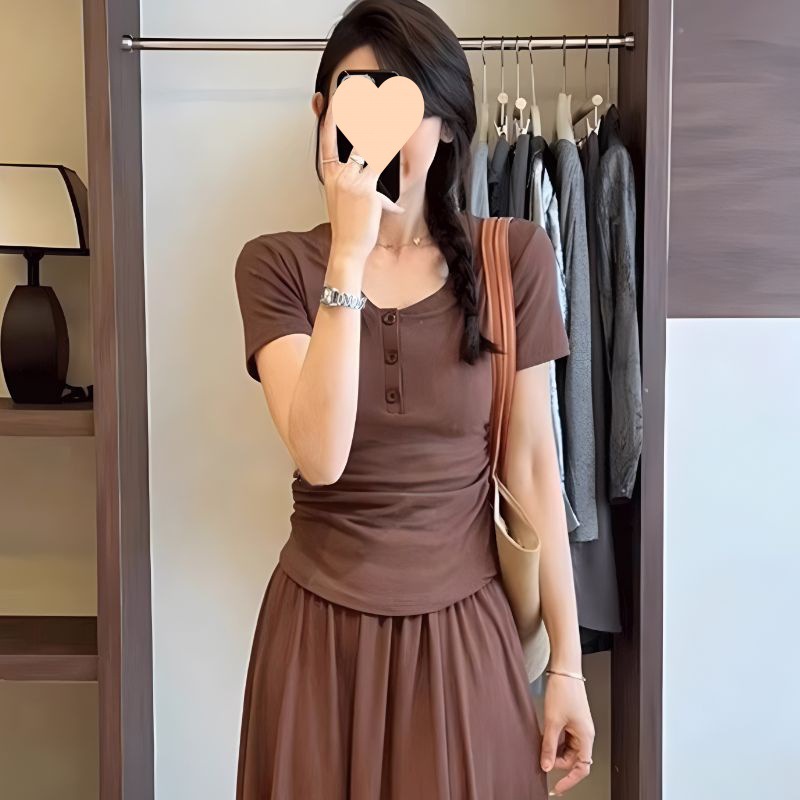 순수한 욕망 투피스 세트 슬림 핏 탑 버튼 반팔 셔츠 여성용 높은 허리 그레이 데프 스커트