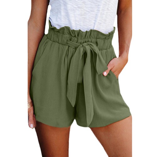 Amazon new elastic waist lace pure color casual pants women's European and American loose high-waist simple shorts, wide-leg pants