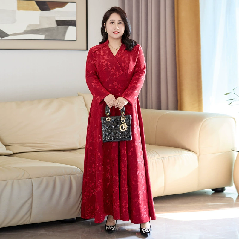 Spring long-sleeve, skirt, plus size, V-neckline, slim fit