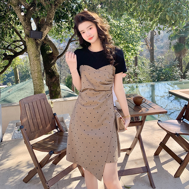 夏季新款女装韩版拼接不对称时尚气质爱心抽褶连衣裙一件起批代发