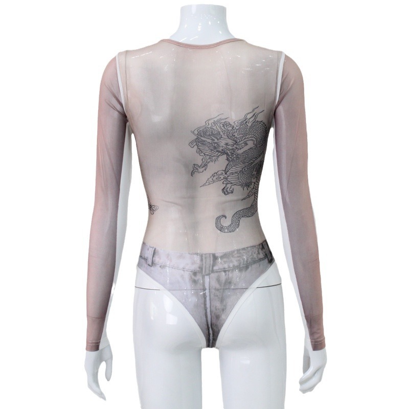 Venta caliente transfronteriza europea y americana ropa de mujer malla sexy perspectiva personalidad impresión tendencia de la moda delgada chica caliente mono mujer image 7