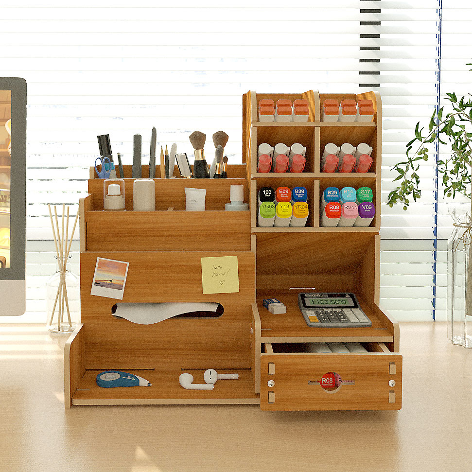 桌面文具收纳盒木质大号学生办公桌上纸巾笔筒多色盒子厂家现货