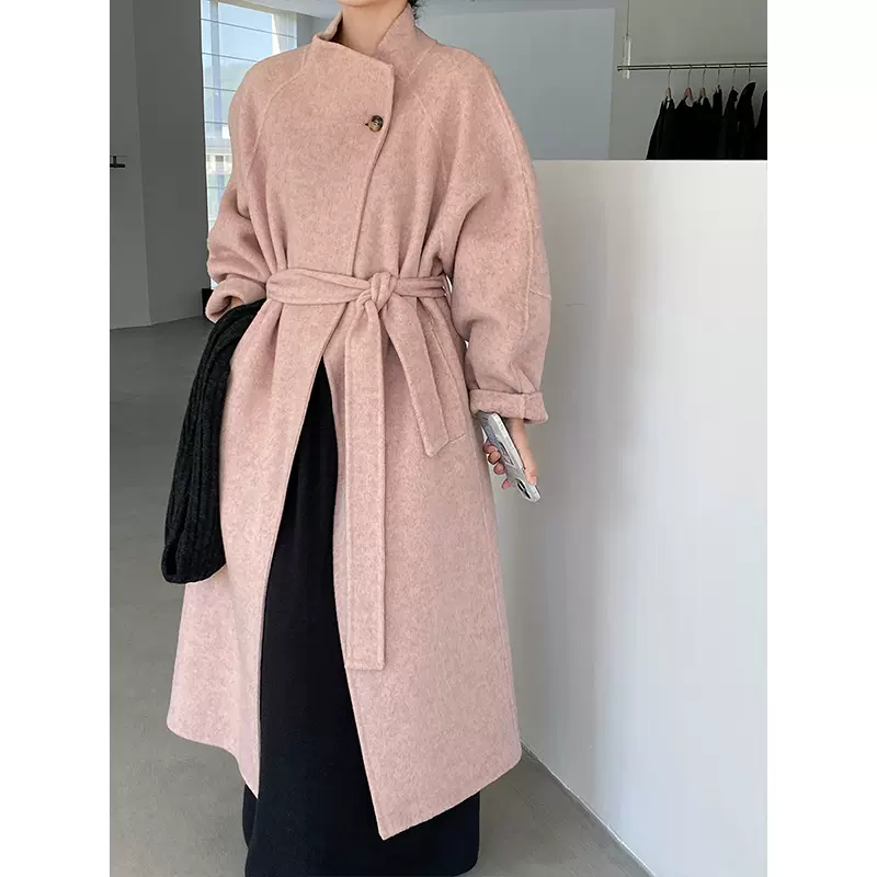 江左 韩系高克重双面手工羊毛大衣女长款25冬收腰双面呢外套C6616