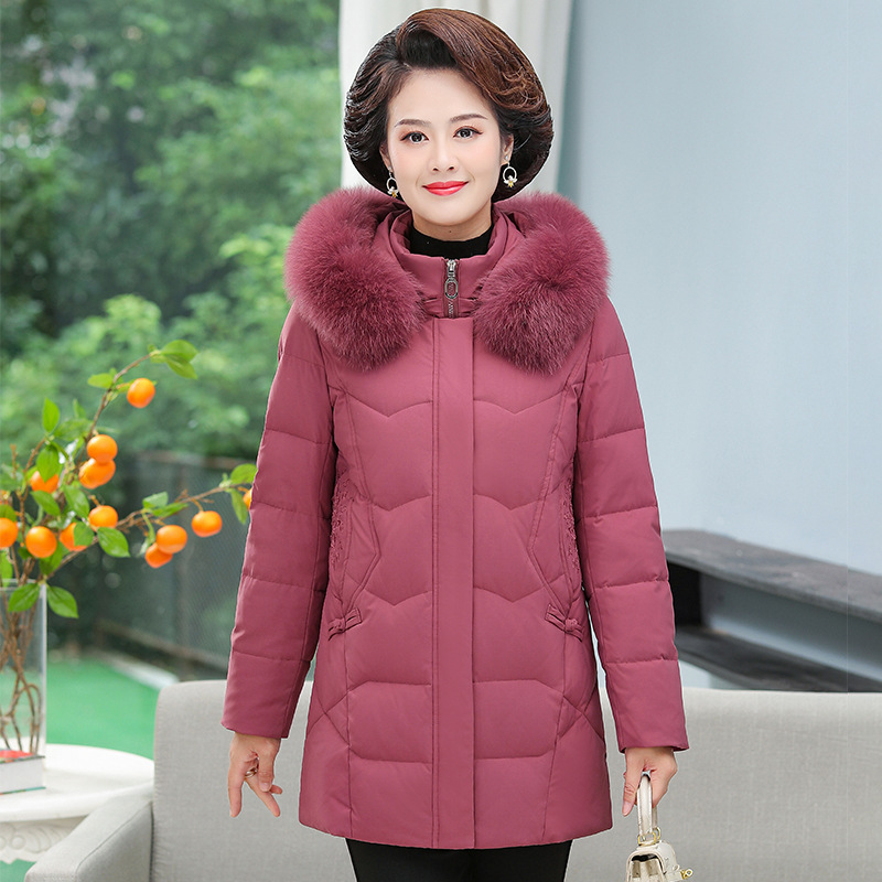 新款中年羽绒服女加厚妈妈装外套中老年冬装中长款大码棉衣大毛领