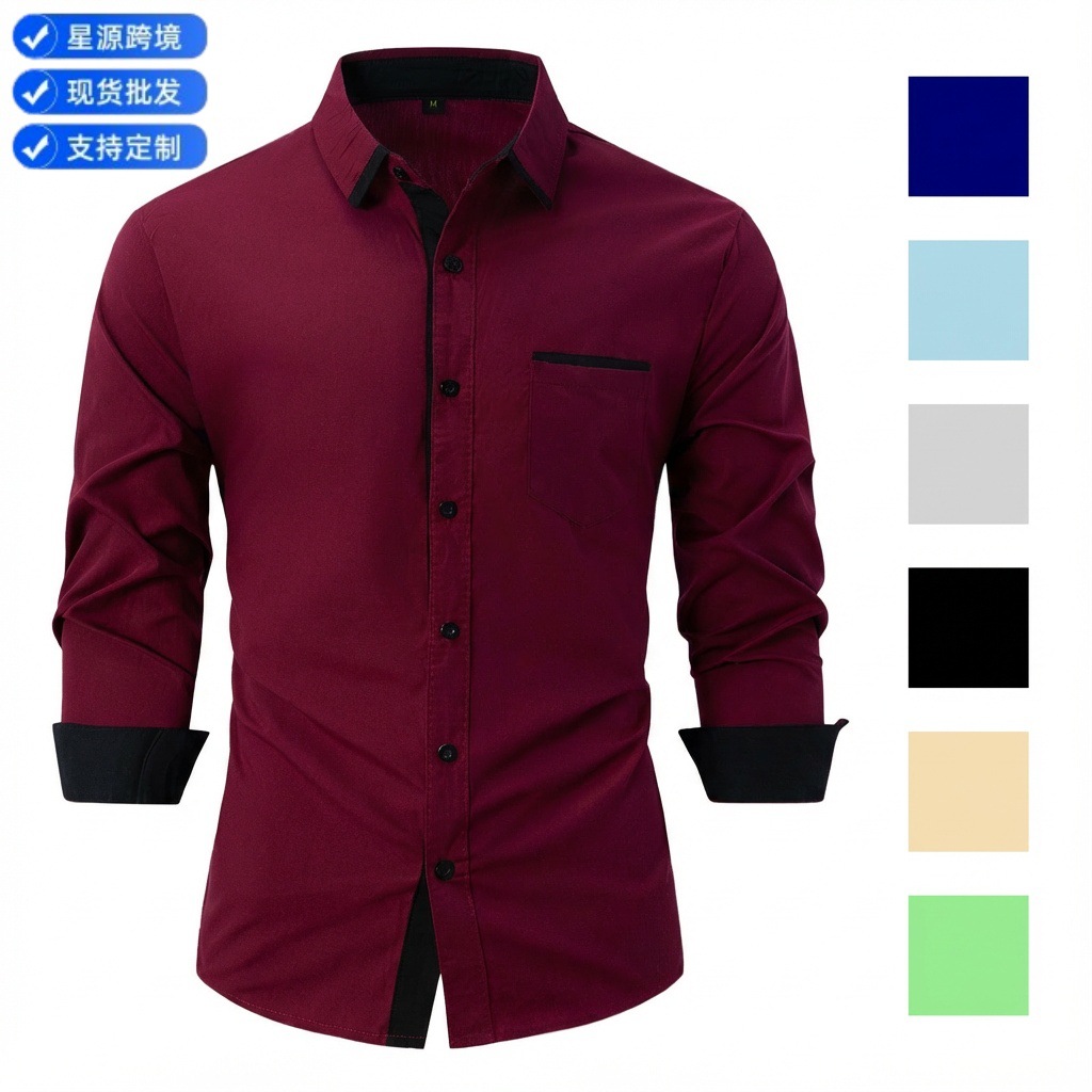 2026 New Cross-Border Fashion Men's Spring and Autumn Cotton Color Block Business Slim Fit Casual Shirt Long Sleeve Shirt
