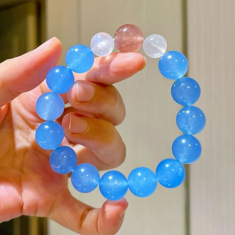 12mm Large Particle Aquamarine Quartzite Natural Moonstone Strawberry Crystal Design Bracelet