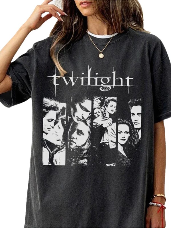 Men's Twilight Saga Movie Retro T-Shirt, Edward Cullen and Bella Swan Portrait, Dark Gray