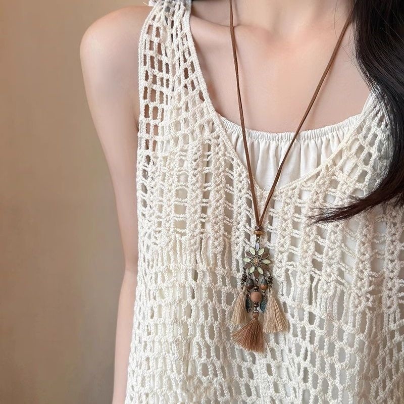 35# necklace-coffee-color-flowers