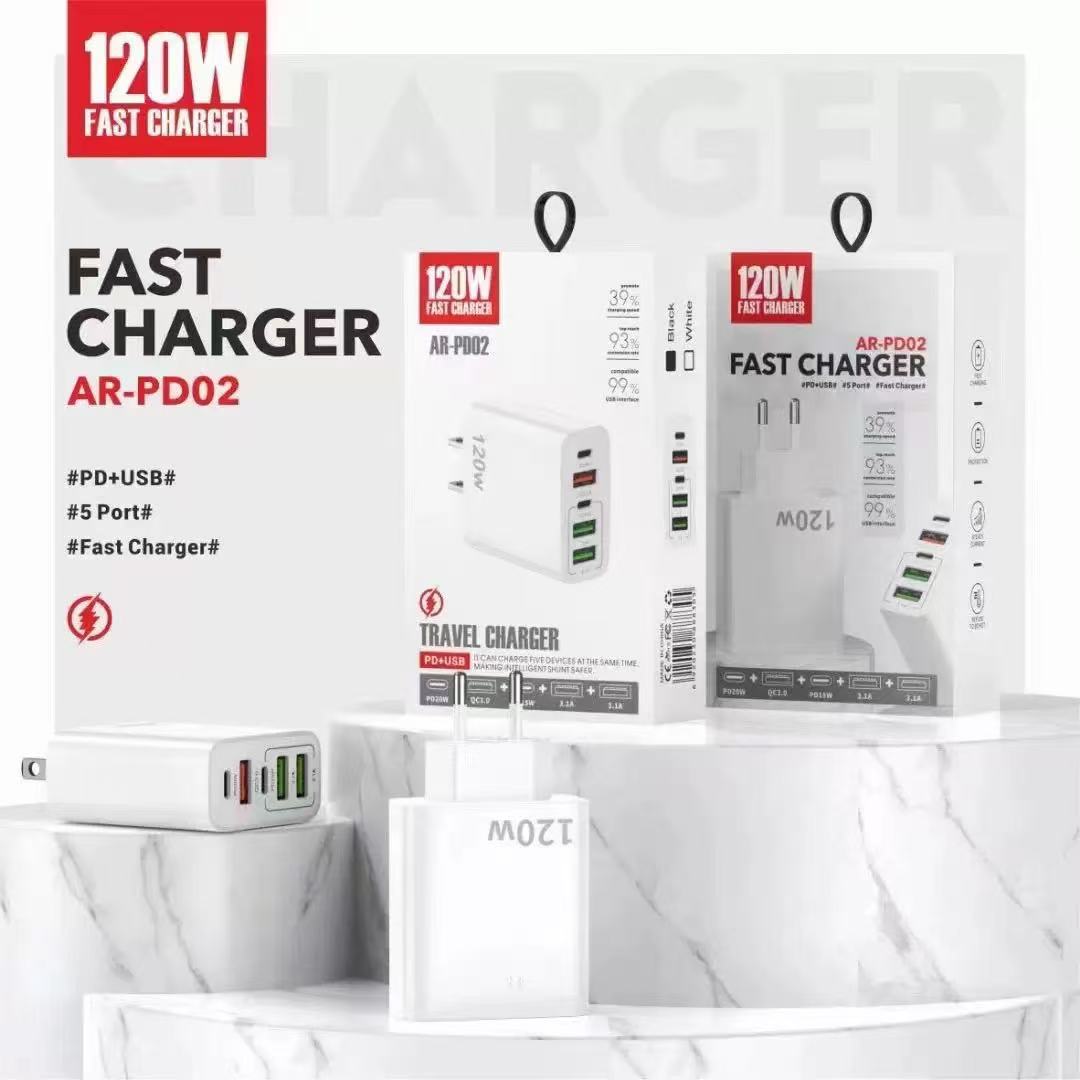 120W Çoklu Port Şarj Cihazı 3USB+2PD Hızlı Şarj Başlığı US/EU/UK Standartları Çok Fonksiyonlu Şarj Adaptörü