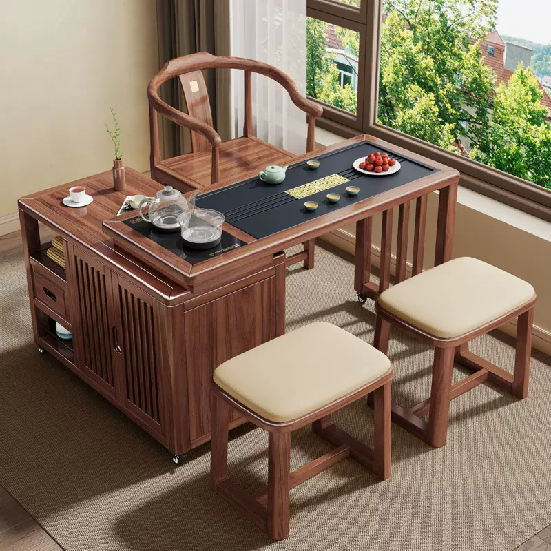 新中式实木旋转茶桌全套阳台移动功夫茶台一体泡茶桌椅组合茶几