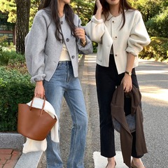韩国chic 2025秋冬季新款法式小众圆领毛呢单排扣夹克短外套女