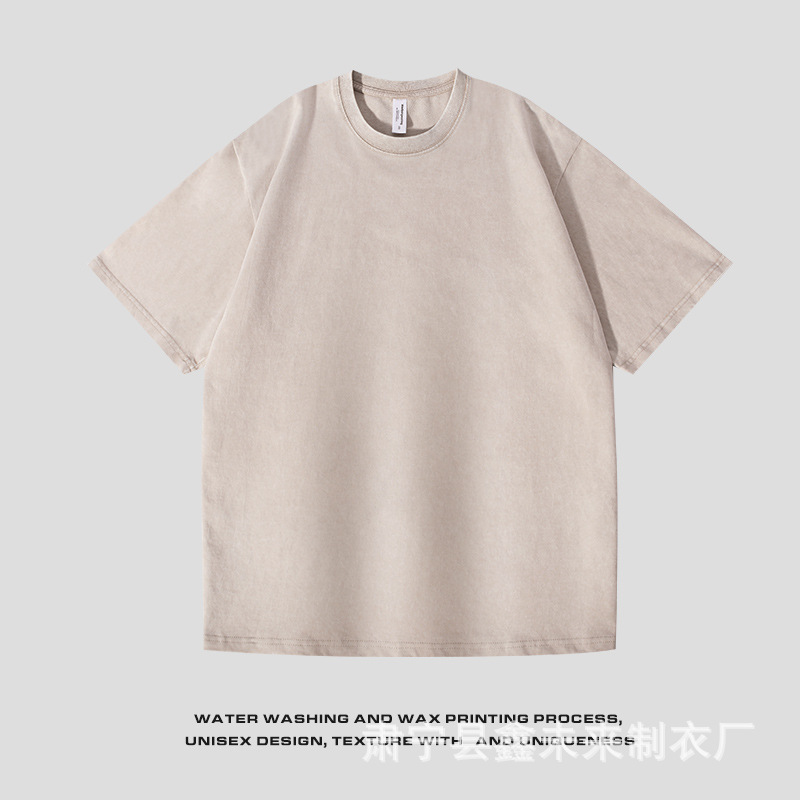 220g lavado y desgastado camiseta de cuello redondo para hombres y mujeres suelto americano retro salvaje de manga corta batik camisa de hombro caído