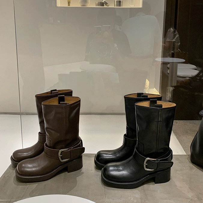 Сеульские сапоги в том же стиле интернет-знаменитости Су Иньин ~ ковбойские сапоги до середины икры на массивном каблуке с боковой пряжкой в ​​стиле ретро, ​​короткие сапоги, женские мотоциклетные сапоги