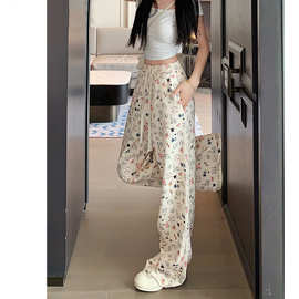 跨境外贸TK爱猫咪印花休闲裤女夏季新款高腰显瘦慵懒垂坠感拖地裤