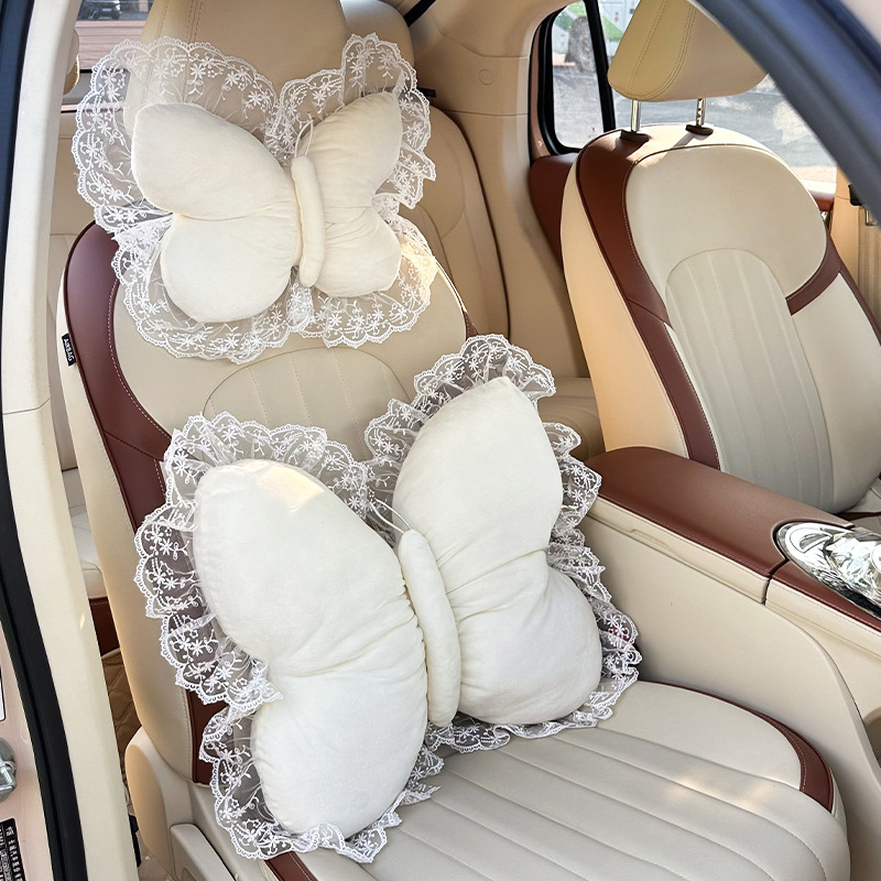 2026 New Car Accessories Plush Butterfly Headrest and Lumbar Support Pink Headrest and Lumbar Support