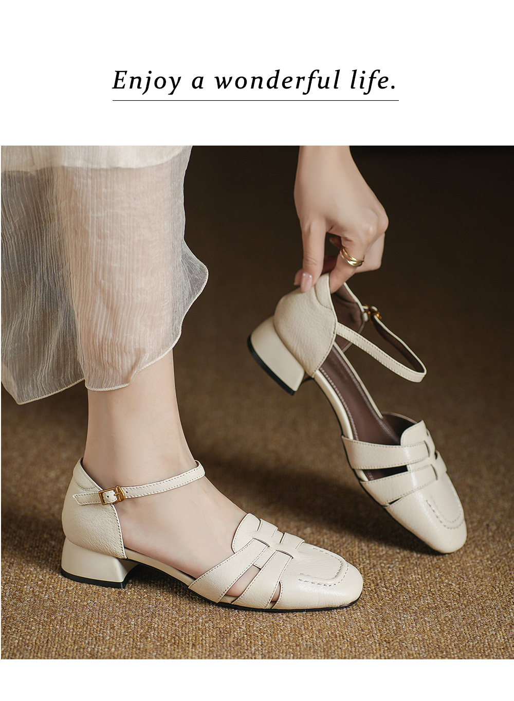 Sandal nữ da cừu mũi nhọn quai khóa gót thô 9 cm — đen chi tiết 7