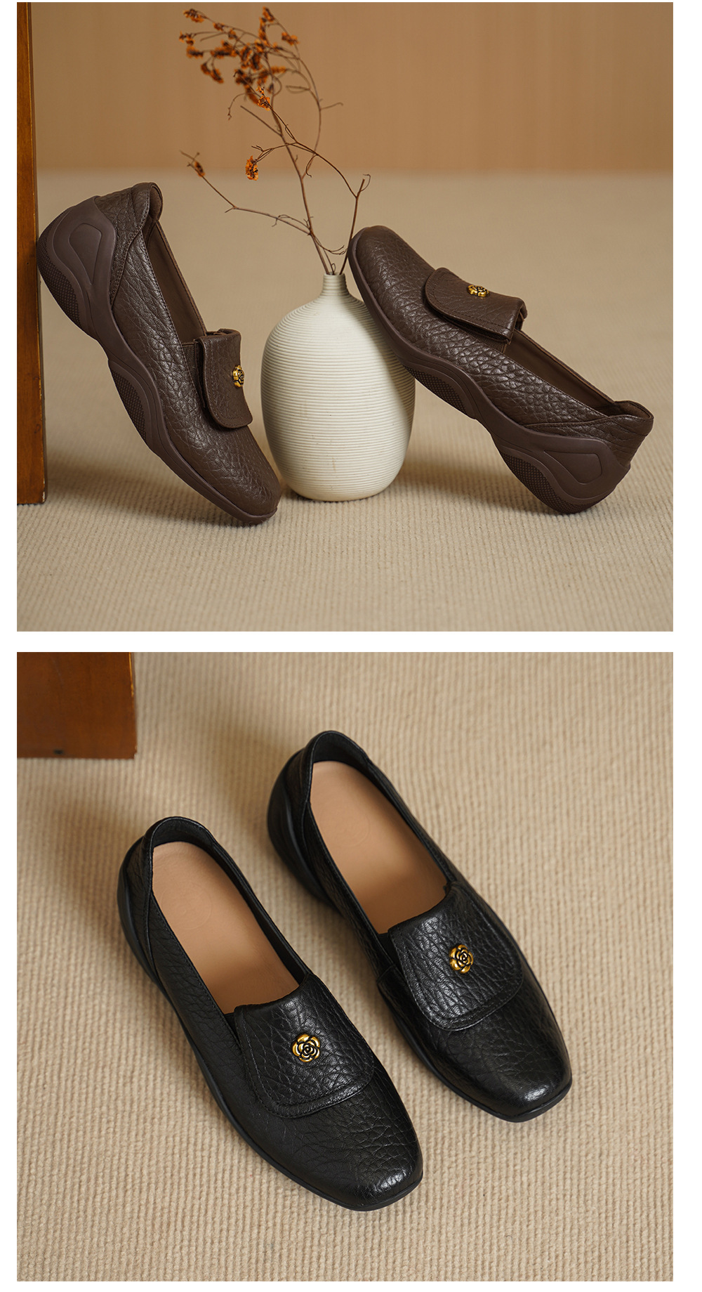 Giày loafer nữ da dê mũi tròn, gót thấp 3 cm, hoa nổi, phong cách cổ điển — màu nâu chi tiết 12