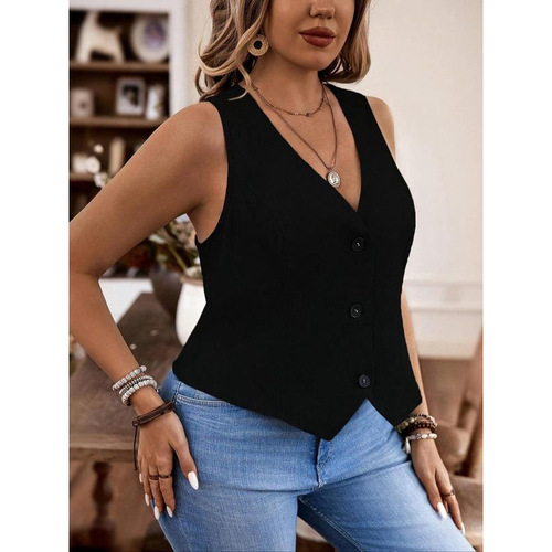 Solid Color V-neck Vest Casual Basic Fitted Sleeves
