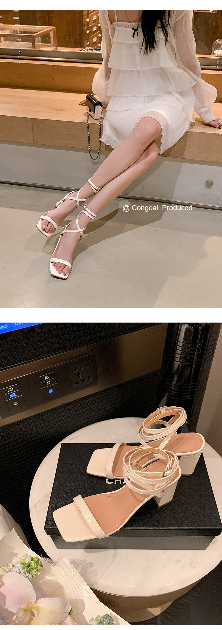 Sandal cao gót nữ hở mũi quai chân phong cách tiên nữ gót thô — Màu đen chi tiết 24
