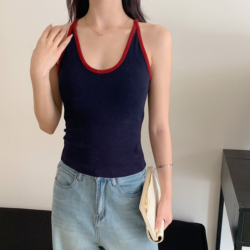 暖小艾588法式挂脖新款辣妹背心女带胸垫纯欲撞色显瘦外穿内搭|undefined