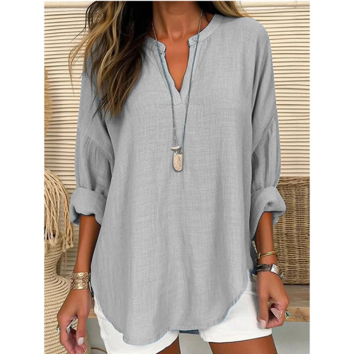 2025 European and American eBay Amazon Wish hot-selling women's autumn/winter V-neck cotton-linen pure large-size shirt