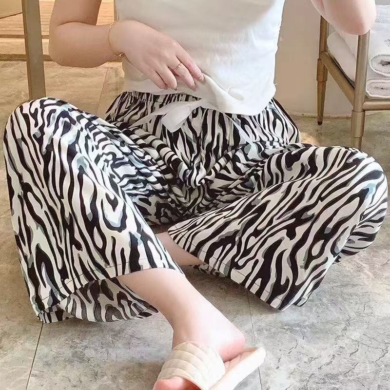 Pijama de seda de algodón para mujer, pantalones anchos de mujer embarazada de seda de algodón con estampado fino de verano