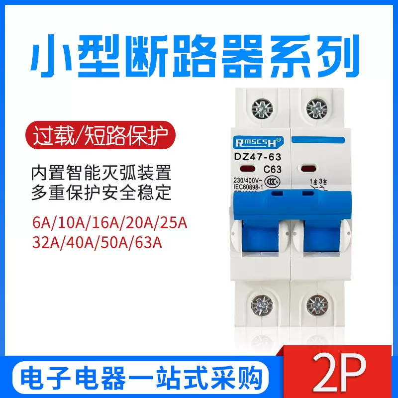 家用空气开关DZ47-63小型断路器 C45 2P 双极6A-63A