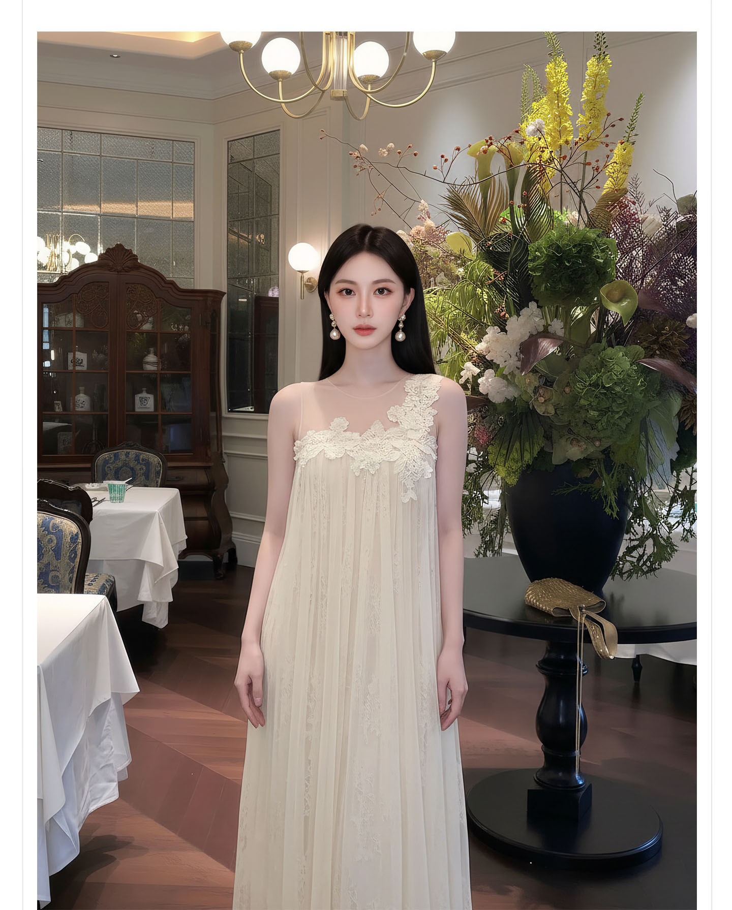 Đầm maxi nữ thắt eo ren hoa nổi lãng mạn phong cách nghỉ dưỡng — màu trắng ngà chi tiết 3