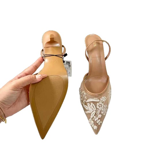 ZAR Fall New Arrival Pointed-Toe Backless Solid Color Embroidered Net Mesh Block Heel Mule