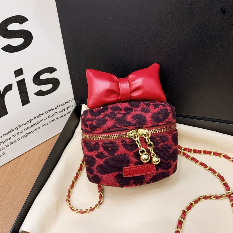 Bolsos para niños de nuevo estilo Bolsos de hombro para niños y niñas con estampado de leopardo de moda coreana Bolsos de mensajero de cadena de bebé con lazo de estilo occidental