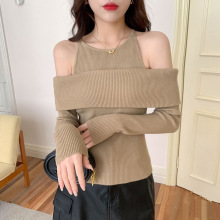 2026秋季新款设计感假两件露肩长袖针织衫别致高级感洋气减龄上衣