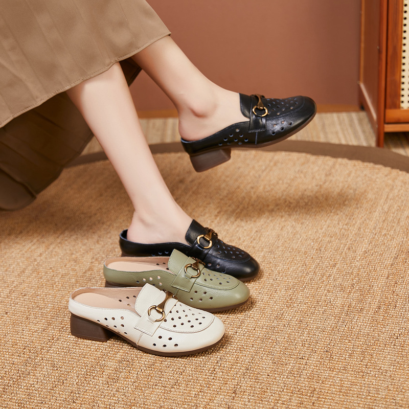 Top-Layer Cowhide Mother Shoes Summer Outer Wear Sandals and Slippers Middle-aged and Elderly Hollow-Out Genuine Leather Non-Slip Leather Shoes Hole Shoes