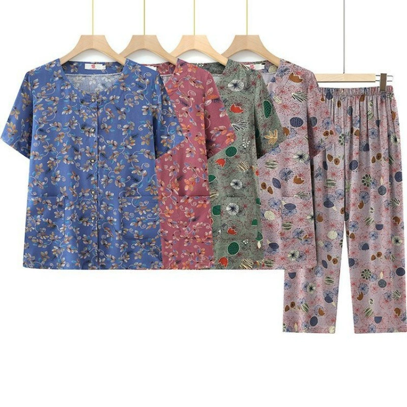 Бабушка летний хлопковый шелковый костюм для женщин среднего и пожилого возраста с короткими рукавами свекровь одежда мама пижама пожилая жена домашняя одежда