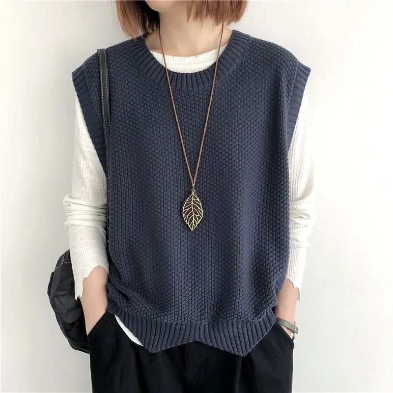 针织马甲女背心2025春季纯色宽松圆领不规则套头短款马夹坎肩外搭|undefined