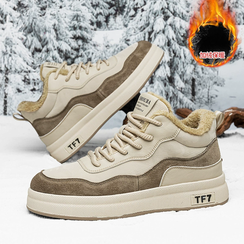 Плюшевая зимняя мужская обувь на снегу на открытом воздухе Кожаная поверхность морозостойкая и ветрозащитная, толстая подошва увеличила повседневную обувь мужская обувь