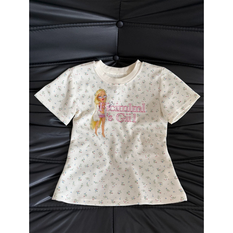 Waffle Floral Round Neck Short-Sleeved T-Shirt for Women, Summer Short Style, Slim Fit, Sweet and Cool Barbie Doll Print Top