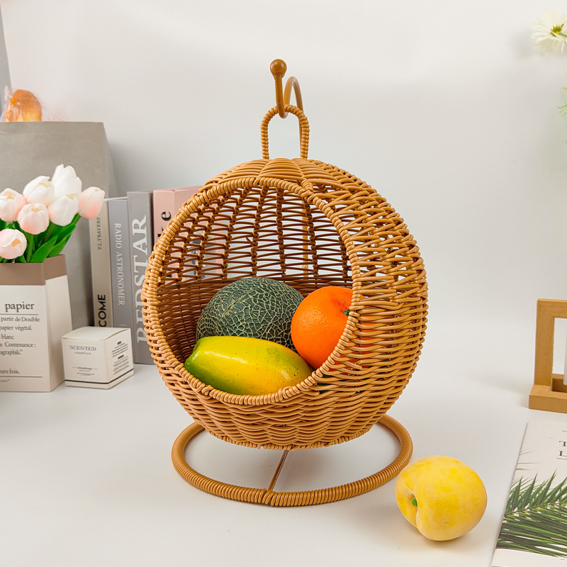 吊果篮水果篮子收纳篮仿藤编织摇篮家用挂式手工收纳筐客厅野餐篮