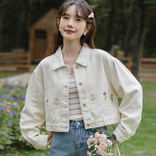 实拍 2025秋季韩版甜美清新刺绣花朵宽松小个子短款牛仔外套夹克
