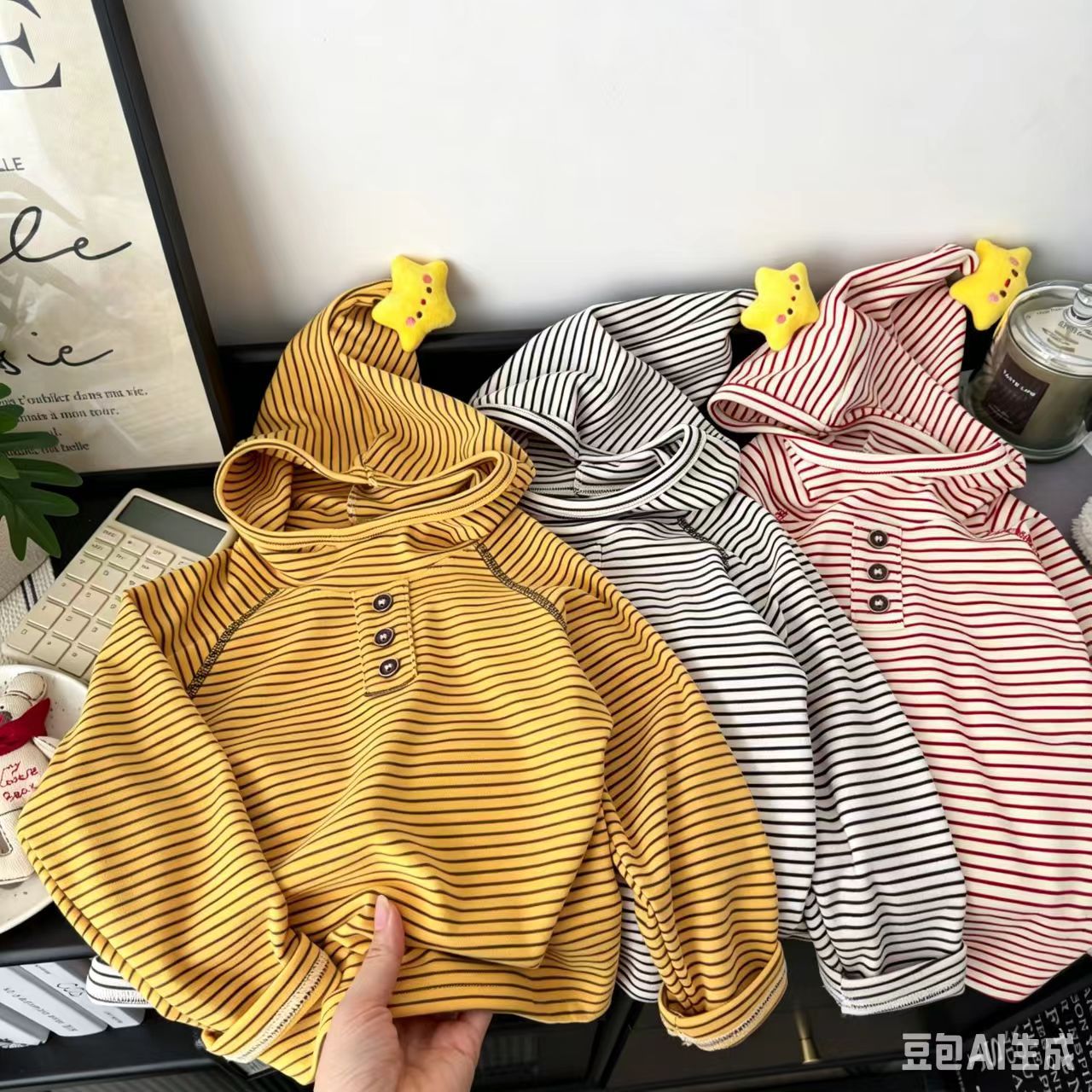 Korean style 2026 Spring/Autumn baby top, casual striped long-sleeved top for boys and cute striped hooded sweatshirt for girls.