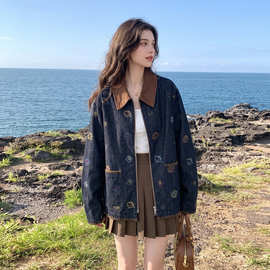蓝色复古刺绣牛仔短外套女小个子2026春新款韩版今年流行减龄夹克