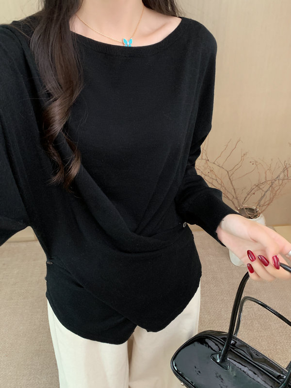 交叉设计不规则下摆薄毛衣女秋冬季新款长袖针织打底衫气质上衣|undefined