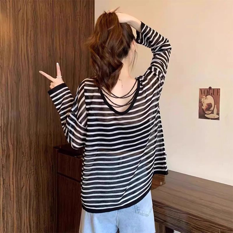 Jazz Dance Loose Sun Protection Blouse Long-Sleeved T-Shirt Summer Thin Lazy Style Design Back Cut Out Top for Women