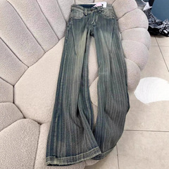 美式复古条纹设计直筒牛仔裤女2025春秋新款高腰显瘦减龄阔腿长裤