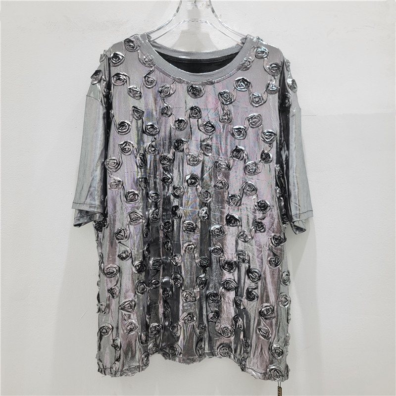 Ingeniería pesada europea y americana estampado estereo flor de cuello redondo camiseta de nicho diseño explosivo callejera camisa de manga corta
