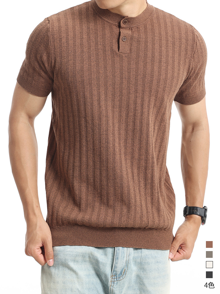Hombres viejos viento Henry cuello de punto camiseta de hielo de seda de manga corta hombre de verano de negocios casual lujo ligero alto sentido de ropa de hombre