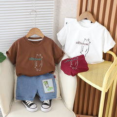 男女寶寶夏季短袖套裝印花簡約風兒童夏裝舒適透汗男童兩件套童裝